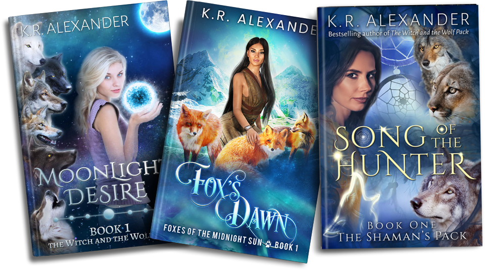 Book covers for Moonlight Desire, Fox's Dawn, and House of Darkness
